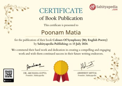 Book Publication Certificate : Colours Of Symphony (My English Poetry)